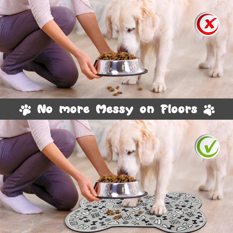 Dog Food Mats for Floors Waterproof (Grey Bone02 / 23.6"L x 15.7"W)
