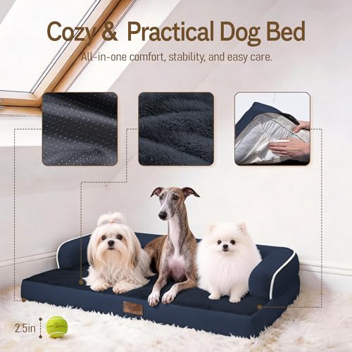 Waterproof XXL Dog Bed with Bolster for Extra Large Dogs (Navy Blue / 45"L x 35"W x 8"Th)