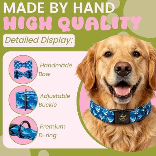 Dog Collar Shark Print Pet Collar with Bow Boy Medium (Blue Shark / Medium (Pack of 1))