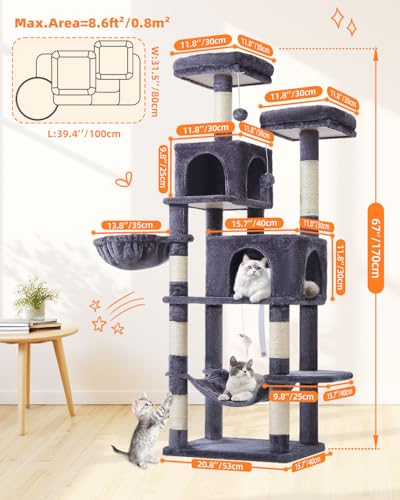 Cat Tree 67 in Tall Cat Tower with 2 Plush Cat Condos (67 inches / Smoky Gray)