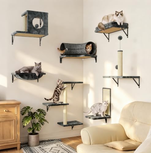 8-in-1 Cat Wall Shelves, Cat Wall Furniture Set (Grey)