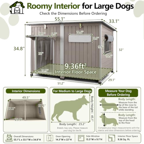 55" Insulated Dog House Outdoor for Large Dogs