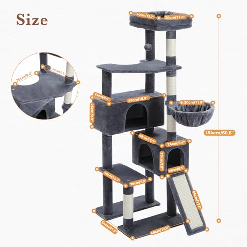 Cat Tree 60 Inches Cat Tower with Dual Condos (L-60" / Dark Gray)