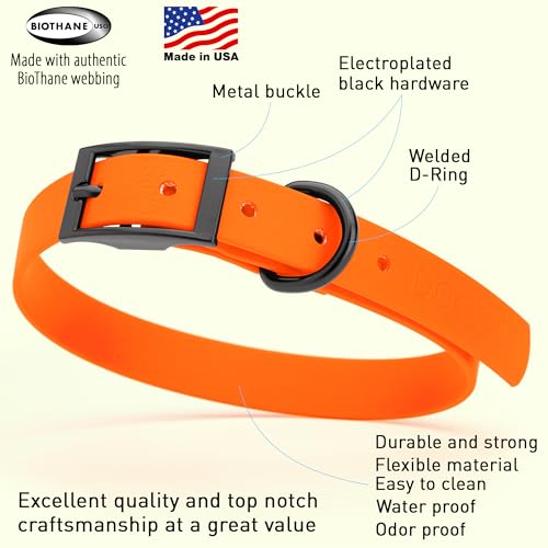 Biothane Waterproof Dog Collar Strong Coated Nylon Webbing with Black Hardware Odor (W3/4" x L15-18" / Hunter Orange)