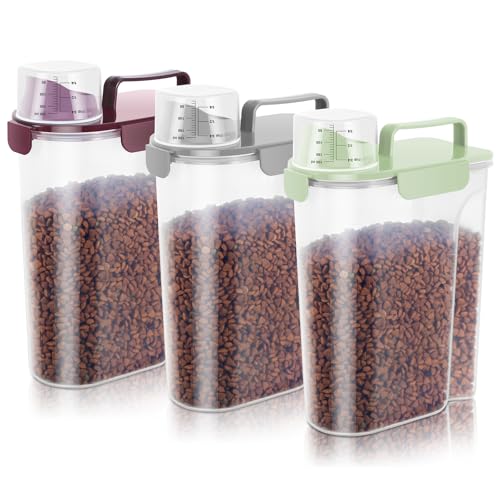 5 7Lbs Portable Cat Dog Food Storage Container with Upgraded Large Spout and Cup Dispenser for Small Large Animal Kibble (Purple+Gray+Green / 5L-3pack)
