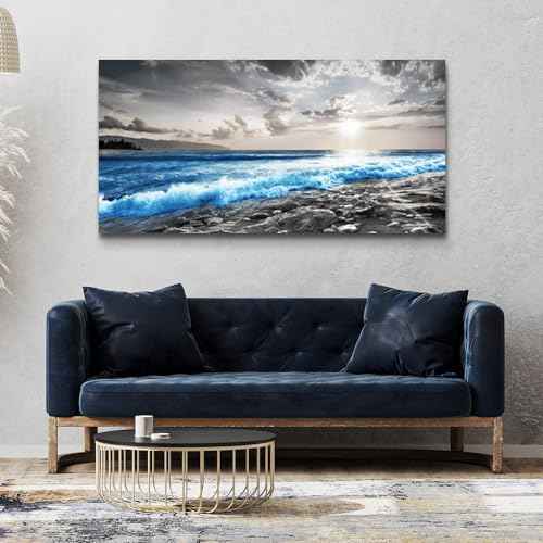 Large Wall Decor For Living Room Canvas Wall Art For Office Bedroom Decorations Blue Ocean Wave Wall Painting Black and White Beach Pictures Artwork Modern Mural Home Decor (60"L x 30"W / Blue Sea Wave Pictures)