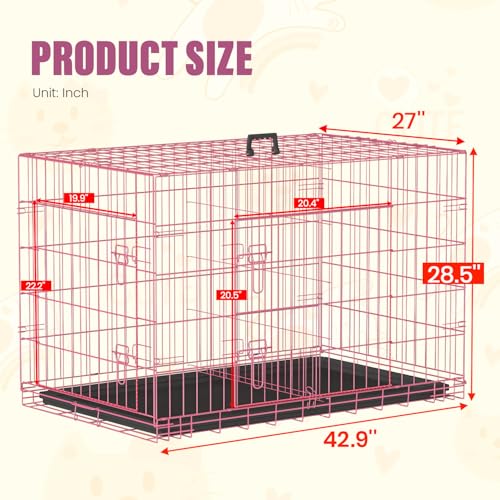 Dog Crate for Large Dogs 42 Inch Folding Kennel Metal Pet Cage Pink (Pink / 42.0"L x 26.0"W x 28.0"H)