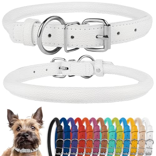 Tangle Free Rolled Leather Dog Collar (White / XXS)
