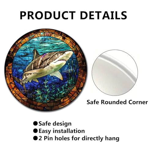 Metal Sign Tin Sign Circular Stained Glass Shark Funny Outdoor Decor for Garage 8×8 Inches (8×8 Inches / Shark-2)