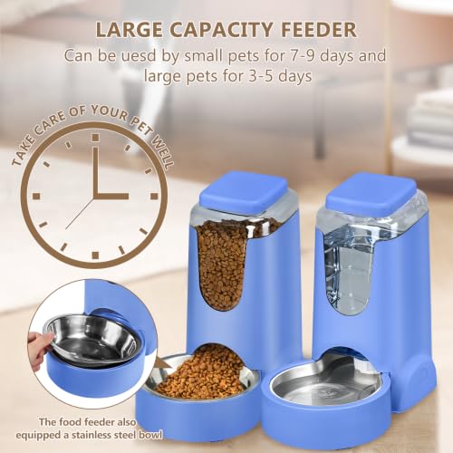 Portable Automatic Cat Feeder and Water Dispenser with Stainless Steel Bowl Dog Gravity Food Feeder and Waterer for Small Medium Pets Puppy Kitten 1 Gallon x 2 (Sapphire Blue)