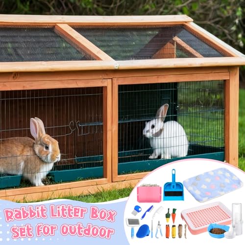 19 Pcs Rabbit Starter Kit Small Bunny Litter Box Rabbit Grooming Kit Water Bottle Bunny Toys Hay Feeder Bowl Blankets with Cleaning Set for Guinea Pig Accessories (Pink-white / Strawberry Bear)