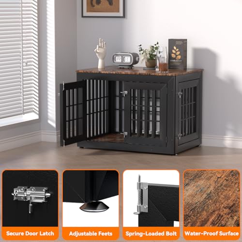38" Heavy Duty Dog Crate Furniture for Large (37.4"L x 25.8"W x 27.4"H / Black+Brown)