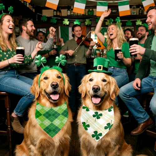 50 Pcs St Patricks Day Bandanas Bulk for Dogs Adjustable Irish Shamrocks Clover Green Plaid Triangle Soft Bibs Puppy Bandana for Small Medium Large Cat Pet Costume (St Patricks Day / 31.5 x 21.7 x21.7 Inch)