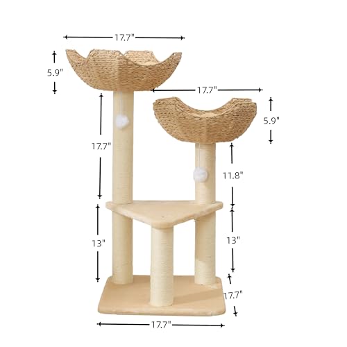 Cat Tree Tower with Rattan Wicker Basket (2~basket)