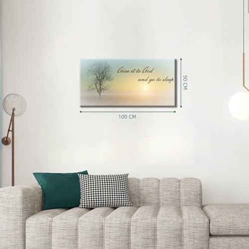 Canvas Wall Art of Misty Sunset & Tree Plant Picture For Bedroom Home Above Bed (46"L x 23"W / Yellow & Teal Sunrise Wal Art (D101))