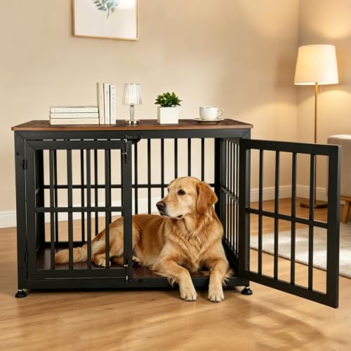 42 Inch Dog Crate Furniture for Large Medium Dogs (Black + Rustic Brown / 42.1"L x 28.2"W x 29.7"H)