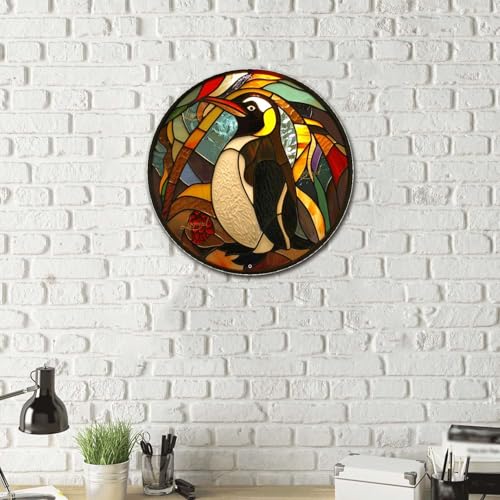 Metal Sign Tin Sign Circular Stained Glass Penguin Sign Garden Outside for Garden 8×8 Inches (8×8 Inches / Penguin)