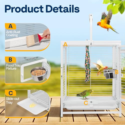 19 Inch Wrought Iron Travel Bird Cage for Cockatiel Parakeets (White)