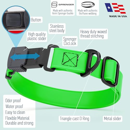 Biothane Waterproof Dog Collar with Herm Sprenger Black Stainless Steel Quick Release Buckle (W 1" x L 15"-25" / Tropical Green)