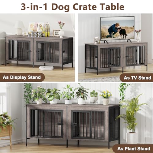55.12" Dog Crate Furniture for 1 or 2 Dogs (Oak Grey / 55.12"L x 20.47"W x 26.18"H)