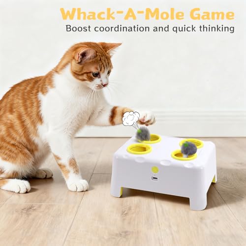 Interactive Cat Feather Toy Cheese Box 3in1 Whack a Mole (White)