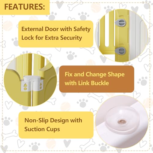 Puppy Play Pen for Indoor with Cute Dog Door (yellow&white / 10 Fence Panels+1 Door)
