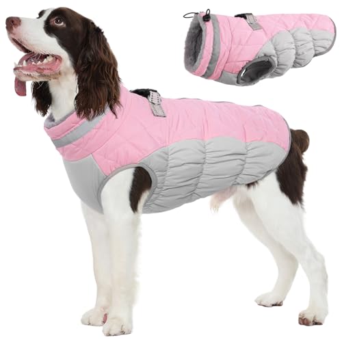 Dog Cold Weather Coats Reflective Dog Warm Jacket with Harness (Pink / XL(chest:30in）)