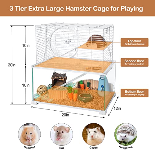 3 Tiers Large Hamster Cages Glass (20"L x 12"W x 20"H)