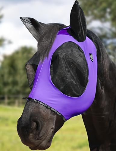 Horse Fly Mask with Forelock Opening Stretch Breathable and Comfortable for Horses UV (Purple / M)