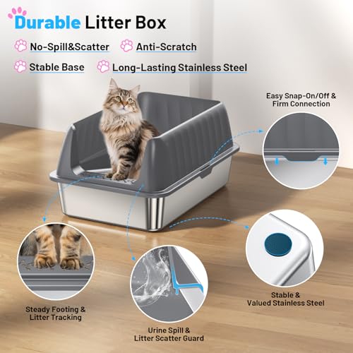 Stainless Steel Litter Box 10in Enclosed Cat Litter Box with High Sided Lid Odor Control Non (Deep Grey / Medium)
