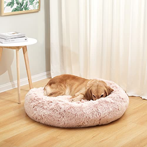 Calming Fluffy Donut Dog Bed for Large Dogs (36.0"L x 36.0"W x 8.0"Th / Pink)