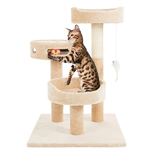Cat Tree - 3-Tier Tall Cat Tower Condo with 2 Napping Perches, Sisal Rope Scratching Post, Hanging Mouse and Interactive Wheel Toy by PETMAKER (Beige), 27.5" (Beige)