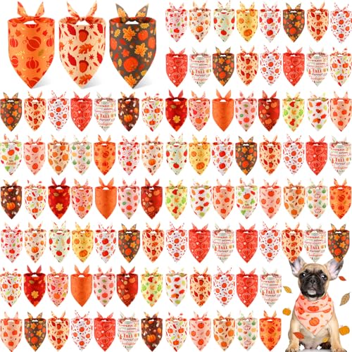 100 Pieces Thanksgiving Dog Bandanas Bulk Fall Autumn Pet Bandanas with Pumpkin Patterns Triangle Scarf Bib Kerchief Set for Small Large Dog Costume Accessories (Pumpkin / 25.6 x 17.7 x 17.7")