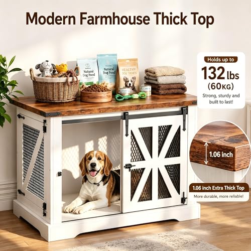 40" Dog Crate Furniture with Sliding Doors for Medium Dogs Up to 45 lbs (White / 40"L x 29"W x 34.3"H)