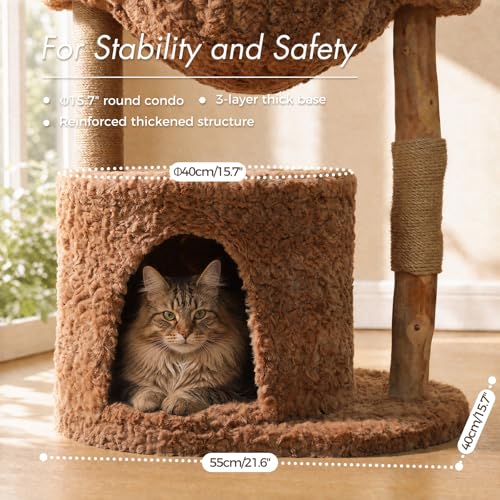 Modern Cat Tree with Real Wood&Wicker Basket for Large Cats Brown (Brown)