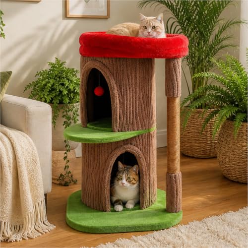 Tree Trunk Cat Tree with 2 Enclosed Caves and Sisal Scratching Post (Stump Brown)