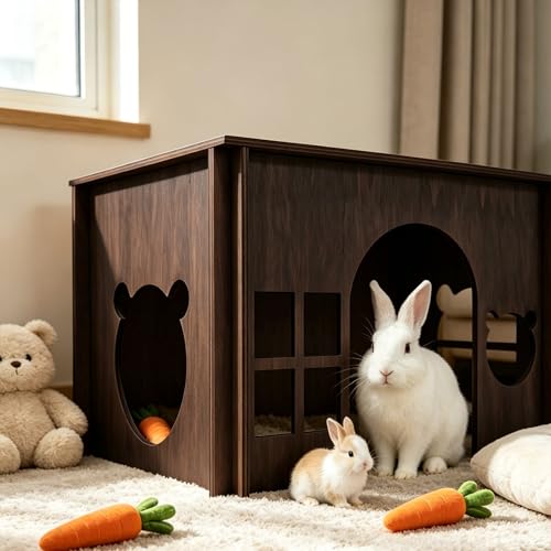 Large Sturdy Wooden Rabbit Castle Hideout with Spacious Balcony (Walnut Style 2 / Medium)