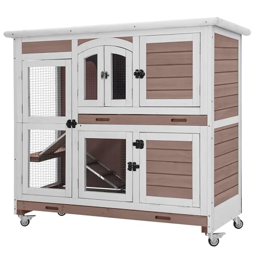 Rabbit Hutch Indoor Bunny Cage with Wheels Outdoor Rabbit Cage Two Story Guinea Pig Cage with No Leak Tray 47 inch