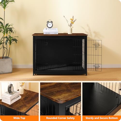 38.5" XL Dog Crate Furniture with Cushion (Black+Rustic Brown / 38.5"L x 25.6"W x 26.8"H)