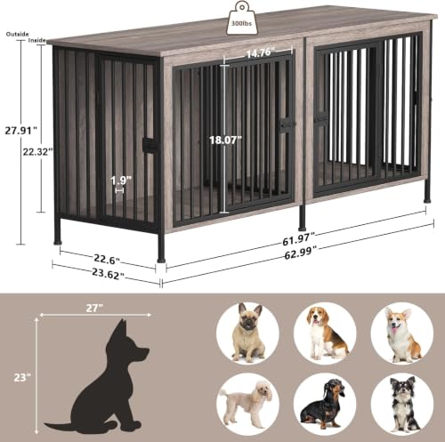 63" Dog Crate Furniture for 1 or 2 Dogs (Oak Grey / 63.0" x 23.6" x 27.9")