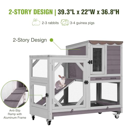 Wooden 2 Story Rabbit Hutch Indoor Outdoor (Gray / 39.3"L x 22.0"W x 36.8"H)