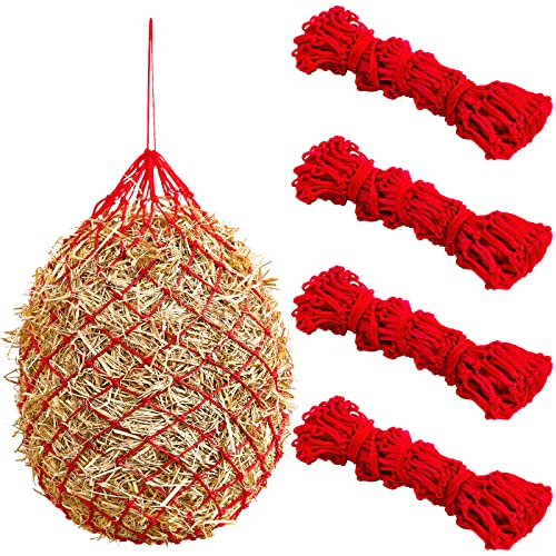 4 Pcs Slow Feed Hay Net Feeder Hay Bag for Horses Slow Feeder 40 Inch Length with 2 Inch Holes Hanging Horse Feed Net for Goat Cattle Equine Stalls Barn Supplies (Red)