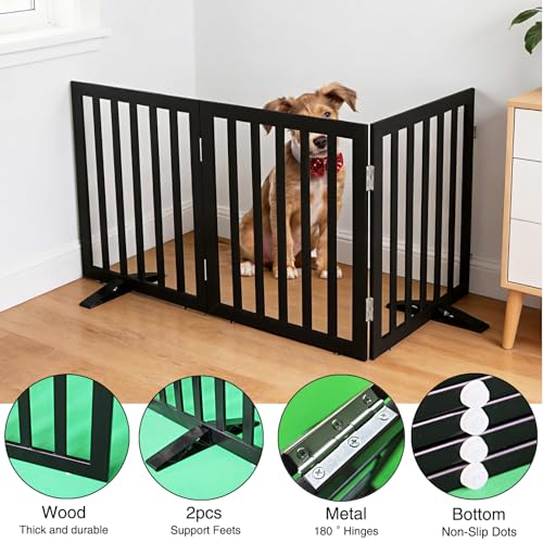 Freestanding Indoor Dog Gate for House Foldable Wood Puppy Gate for Doorways Pet Gate for Stairs Extra Wide Pet Fence (Black / 【3 Panels】60''w x 32''h)