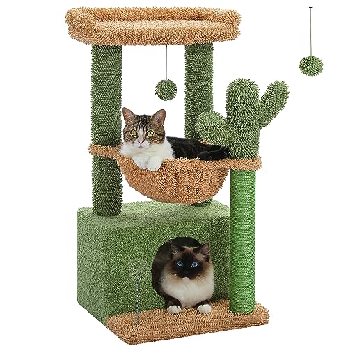 4-in-1 Cactus Cat Tree for Kittens & Small Cats, 33in Green Tower (Green / L(15.8"L x 15.8"W x 33"H))