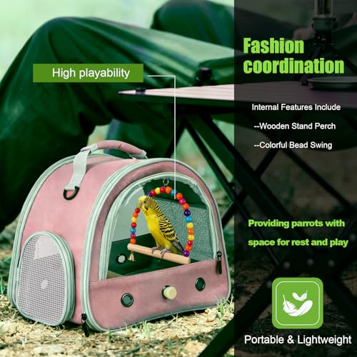 Portable Parrot Travel Cage Carrier with Small Swing Toy&Cage Colorful Toys Set Small Bird Parakeet Bag with Standing Perch Bird Carry Transport Bag (Pink / 12.0"L x 7.0"W x 12.0"H)