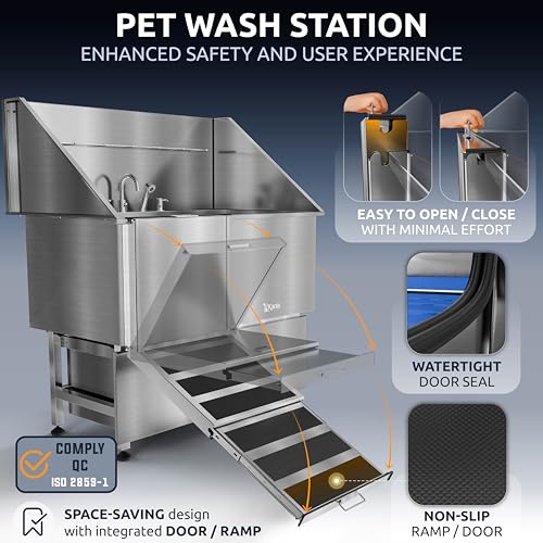 Professional Dog Washing Station 304 Stainless Steel Pet Wash Sink (Silver, Left Ramp, 2 Drawer / 50 Inches)