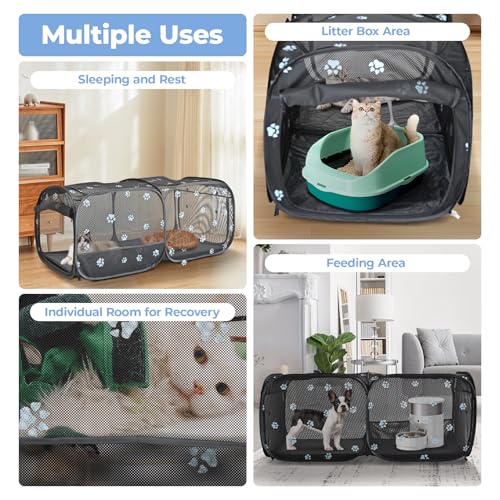 2-in-1 Dog Playpen 58''Pop Up Cat Pet Playpen, Assembly-Free Indoor Outdoor Kitten Enclosure, Breathable Cat Cage Portable Puppy Tent Crates,Spacious Kennel for Small Animals, No Confinement Feel(M) (Black Mesh / M, 58.3"L x 30"W x 24.1"H)