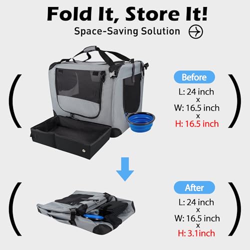 Large Cat Carrier 24"x16.5"x16.5" Soft (Grey (With Litter Box) / 24.0"L x 16.5"W x 16.5"H)