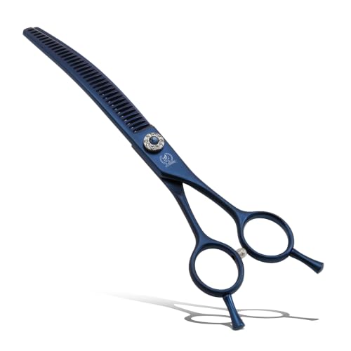 Professional Dog Grooming Scissors Pet Curved Chunker Shears 7.0'' Extremely Sharp Blades 440C Steel Thinning Scissors Durable Smooth Motion&Fine Cut for Dogs and Cats (Blue Chunker)