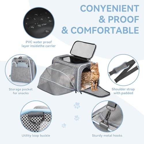 Small Double Expandable Cat Carrier for Kittens and Air Travel (16.0"L x 10.0"W x 9.0"H / Light Grey)